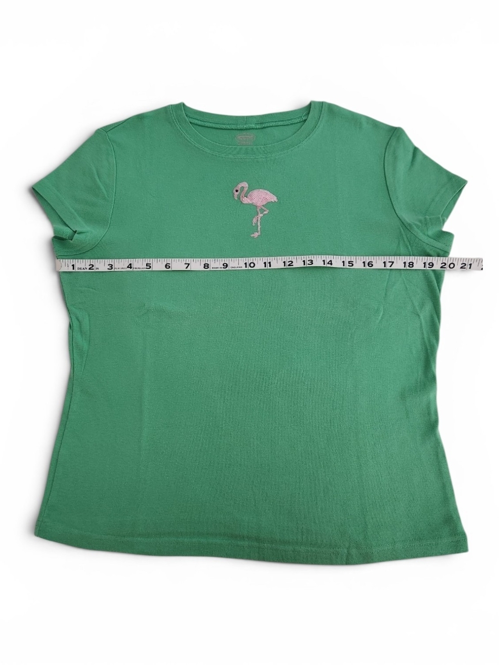 Talbots Green Short Sleeve Tee Embroidered Pink Flamingo Petite Medium - Picture 3 of 8